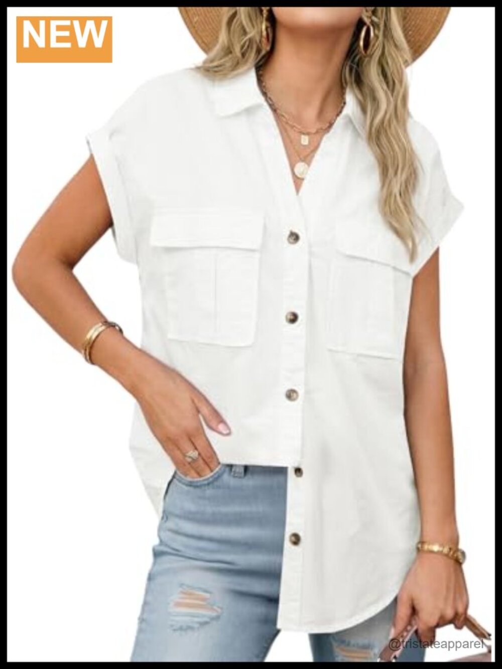 Womens Denim Button Down Shirt Short Sleeve V Neck Loose Fit Casual Cotton